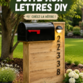 Boîte aux lettres personnalisée en bois avec une peinture décorative, ajoutant du charme à l'extérieur d'une maison.