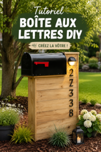 Boîte aux lettres personnalisée en bois avec une peinture décorative, ajoutant du charme à l'extérieur d'une maison.