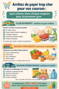 Une femme souriante faisant ses courses, entourée de produits frais et économiques.
