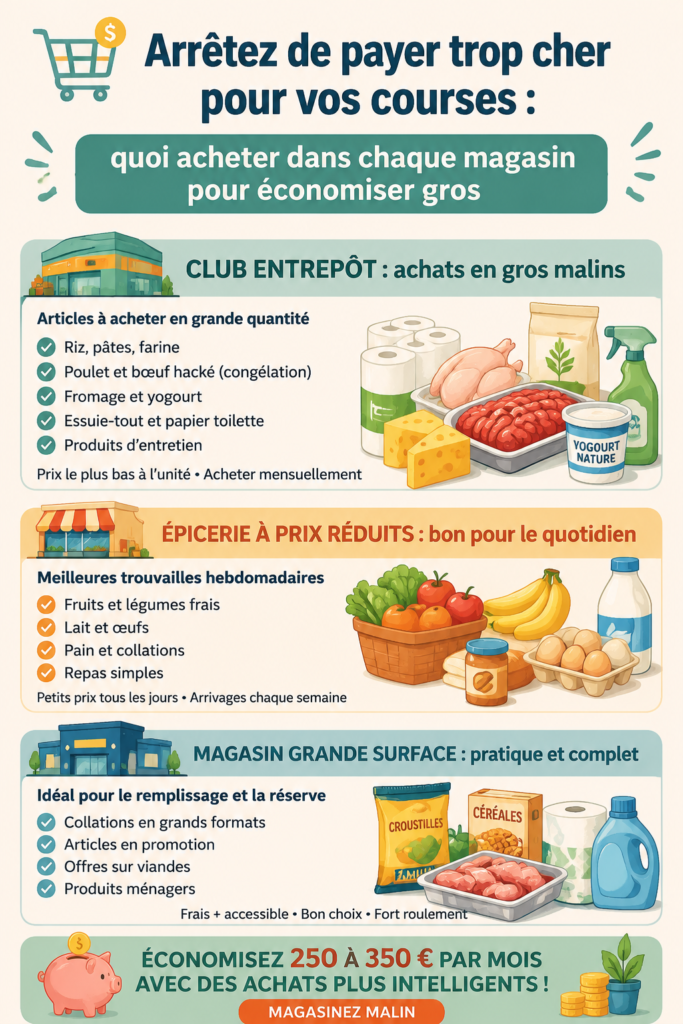 Une femme souriante faisant ses courses, entourée de produits frais et économiques.