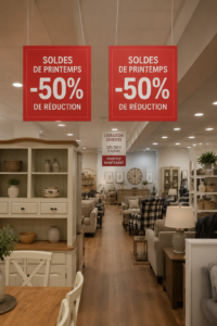 Enseigne suspendue décorative dans un magasin de mode, apportant une touche chaleureuse.