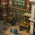 Une épicerie colorée dans Les Sims 4, pleine de produits variés.