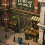 Une épicerie colorée dans Les Sims 4, pleine de produits variés.