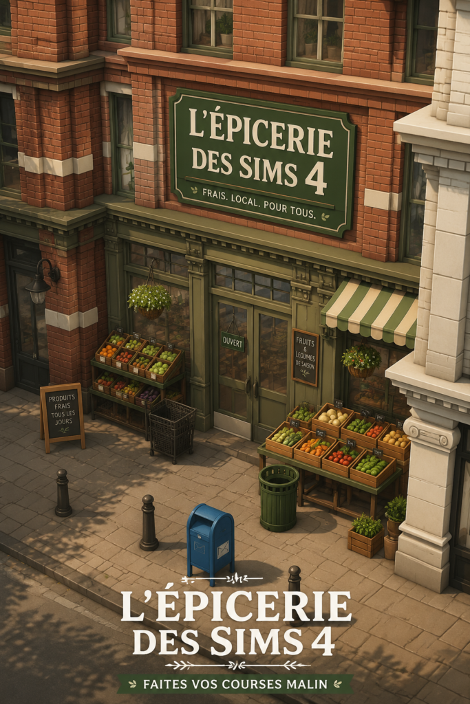 Une épicerie colorée dans Les Sims 4, pleine de produits variés.