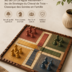 Jeu de société en bois Cờ Cá Ngựa sur une table, prêt pour une soirée familiale.