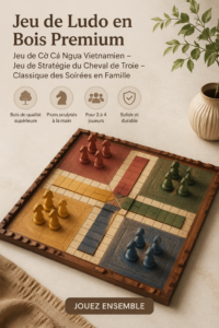Jeu de société en bois Cờ Cá Ngựa sur une table, prêt pour une soirée familiale.
