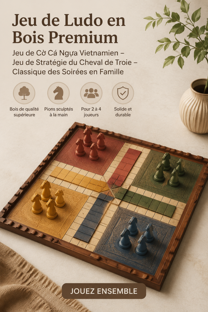 Jeu de société en bois Cờ Cá Ngựa sur une table, prêt pour une soirée familiale.