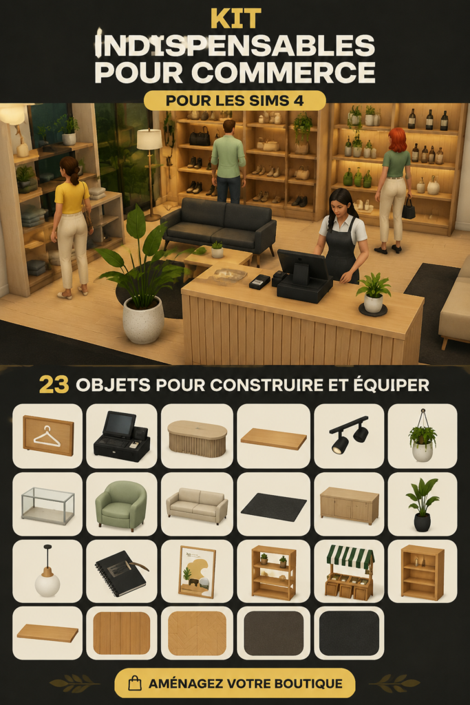 Un aperçu du kit retail dans Les Sims 4 avec plusieurs éléments de gestion de boutique.