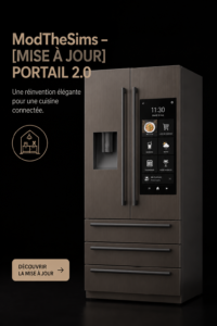 Le mod H&B Portal 2.0 pour Sims 4, mettant en avant un frigidaire de luxe dans une cuisine virtuelle.