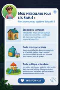 Capture d'écran montrant des enfants Sims utilisant le Mod Préscolaire dans un environnement de classe.