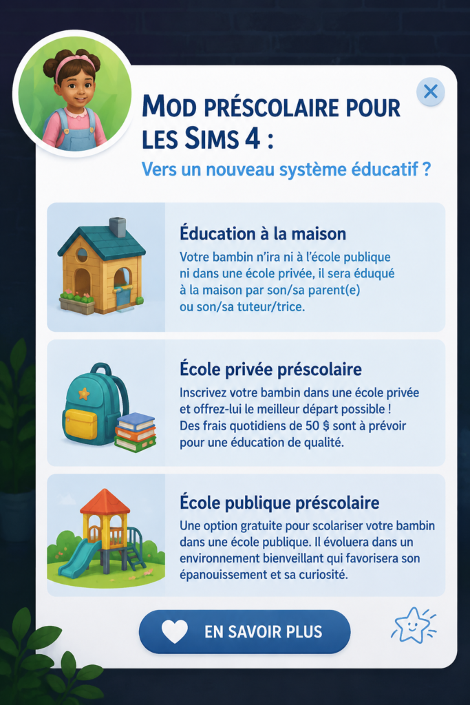Capture d'écran montrant des enfants Sims utilisant le Mod Préscolaire dans un environnement de classe.