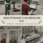 Capture d'écran d'un personnage de Sims étudiant en médecine avec livre et stéthoscope.