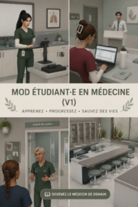Capture d'écran d'un personnage de Sims étudiant en médecine avec livre et stéthoscope.