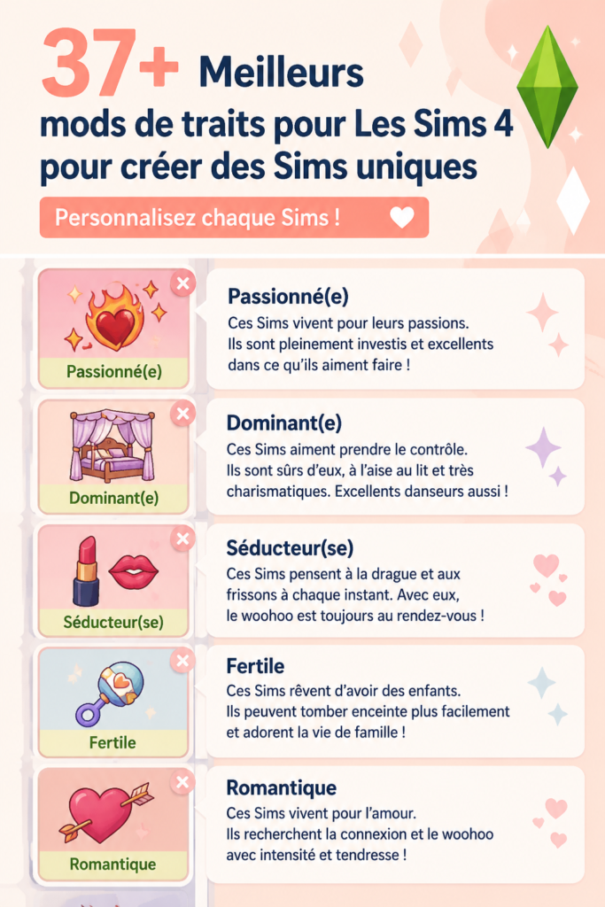 Capture d'écran de Sims 4 avec des personnages personnalisés utilisant différents mods de traits.
