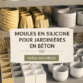 Jardinières en béton créées avec des moules en silicone colorés dans un jardin