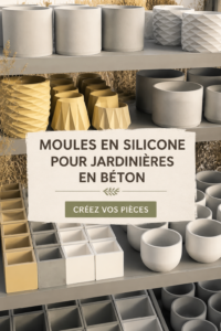 Jardinières en béton créées avec des moules en silicone colorés dans un jardin