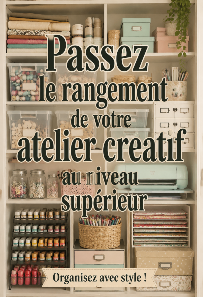 Un espace d'artisanat bien rangé avec des étagères et des bacs organisés.