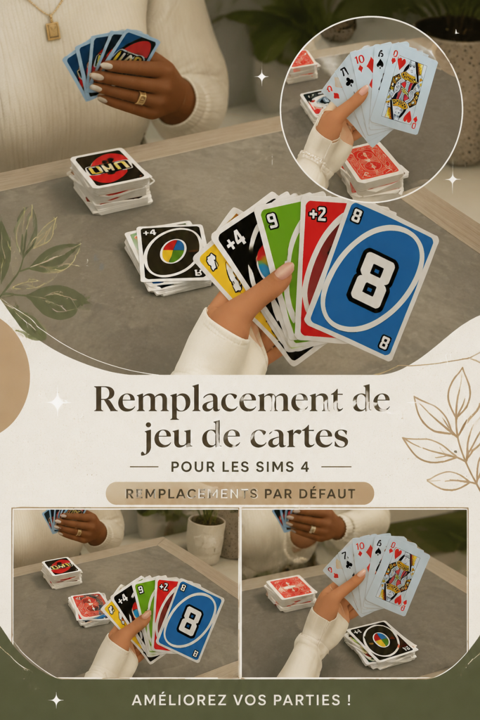 Remplacements de cartes personnalisées pour Sims 4 sur un fond éclatant.