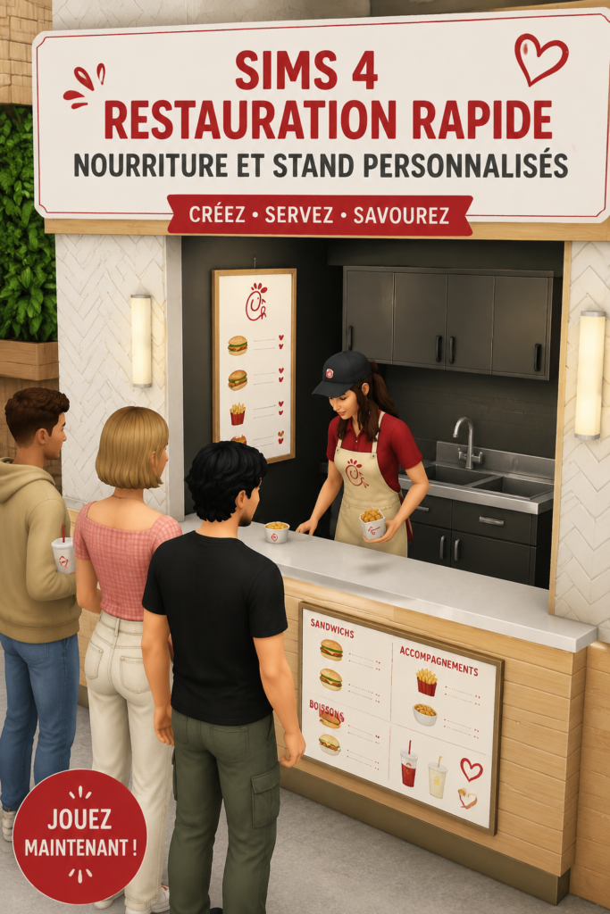 Stand Chick-fil-A dans Les Sims 4 avec des personnages en train de déguster des plats