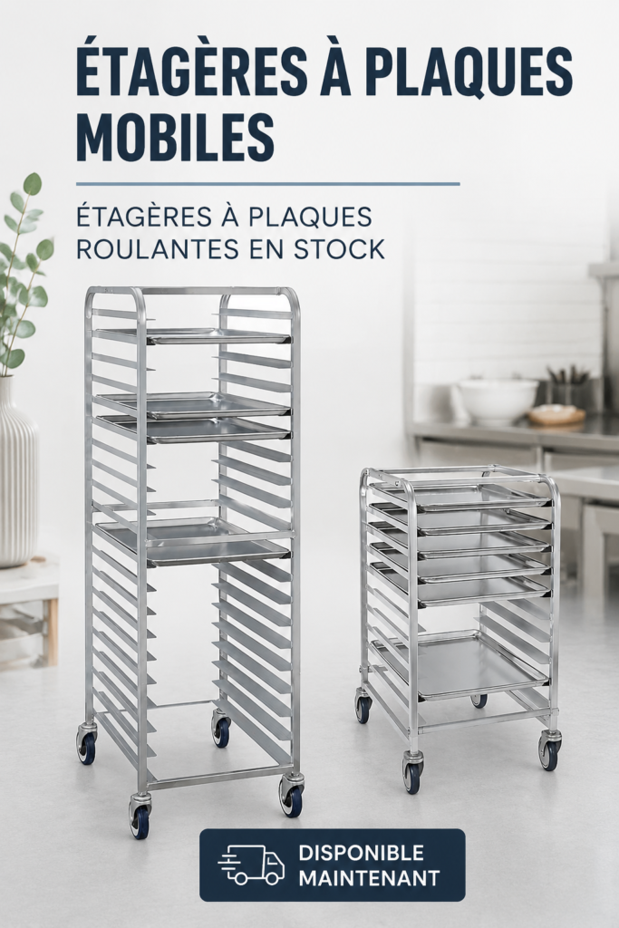 Rangement pratique dans une cuisine professionnelle avec des racks à pâtisserie en métal