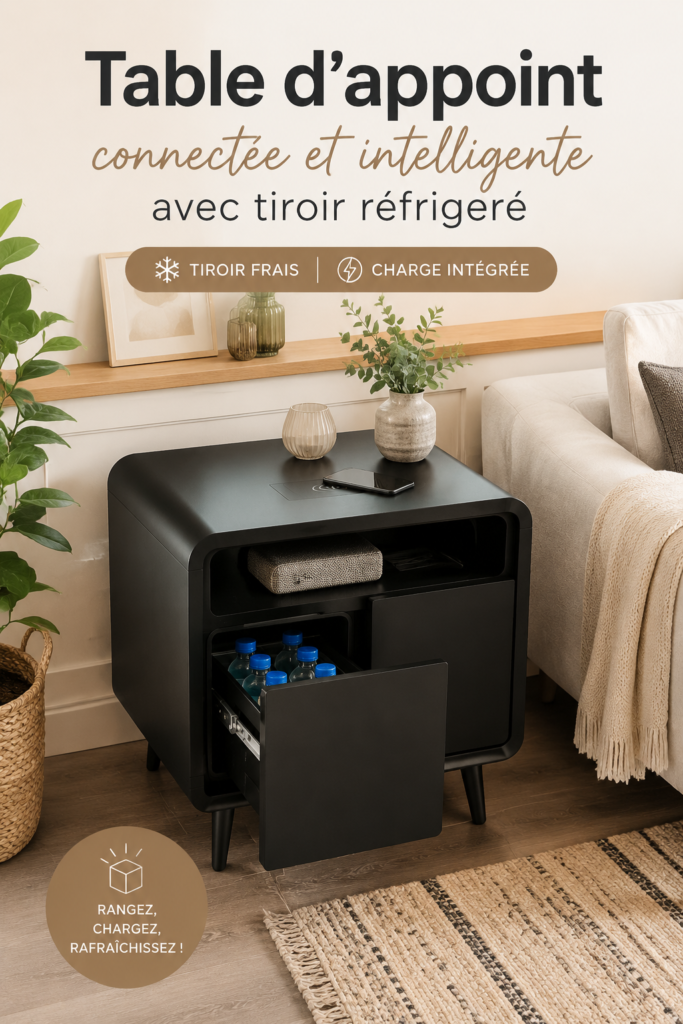 Table de chevet moderne avec tiroir réfrigérant dans un intérieur lumineux