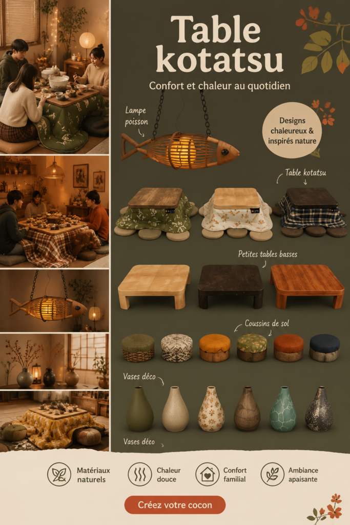 Une table kotatsu traditionnelle avec des coussins autour, créant une ambiance chaleureuse.