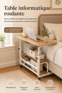 Table roulante moderne pour ordinateur dans un bureau élégant