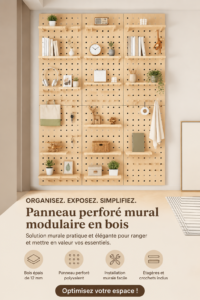Tableau perforé en bois beige monté au mur avec divers outils et accessoires organisés