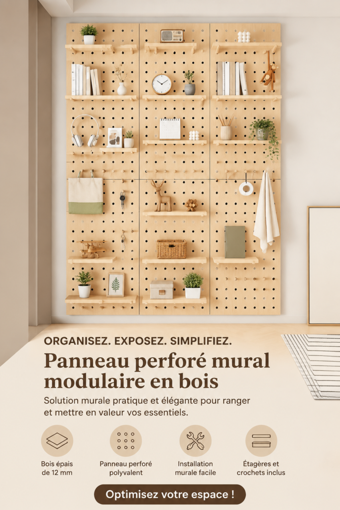 Tableau perforé en bois beige monté au mur avec divers outils et accessoires organisés
