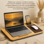 Tablette en bambou sur un bureau moderne, idéale pour le télétravail.