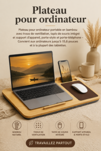 Tablette en bambou sur un bureau moderne, idéale pour le télétravail.