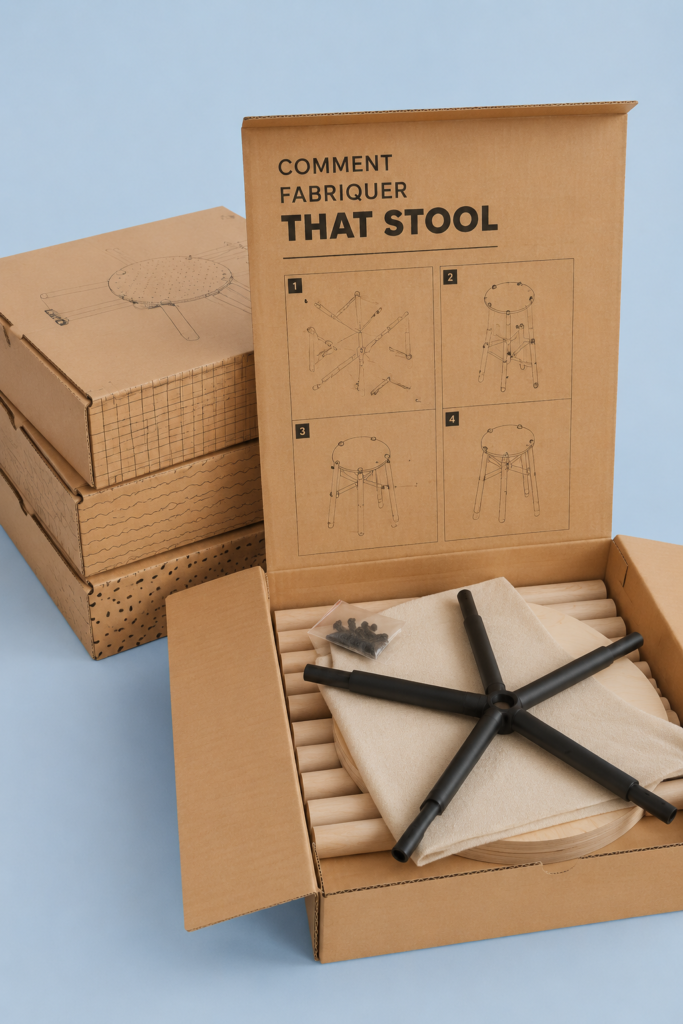 Un élégant tabouret en bois dans un intérieur chaleureux et accueillant.
