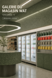 Visuel de l'intérieur du WAT Store avec des créations artistiques modernes exposées.