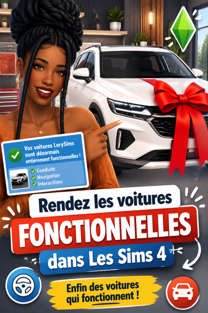 Capture d'écran d'une voiture de LorySims dans Les Sims 4, prête à être utilisée dans le jeu.