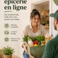 Femme faisant ses courses en ligne sur un ordinateur avec des produits frais autour d'elle.