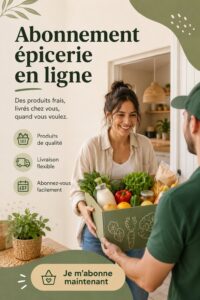 Femme faisant ses courses en ligne sur un ordinateur avec des produits frais autour d'elle.