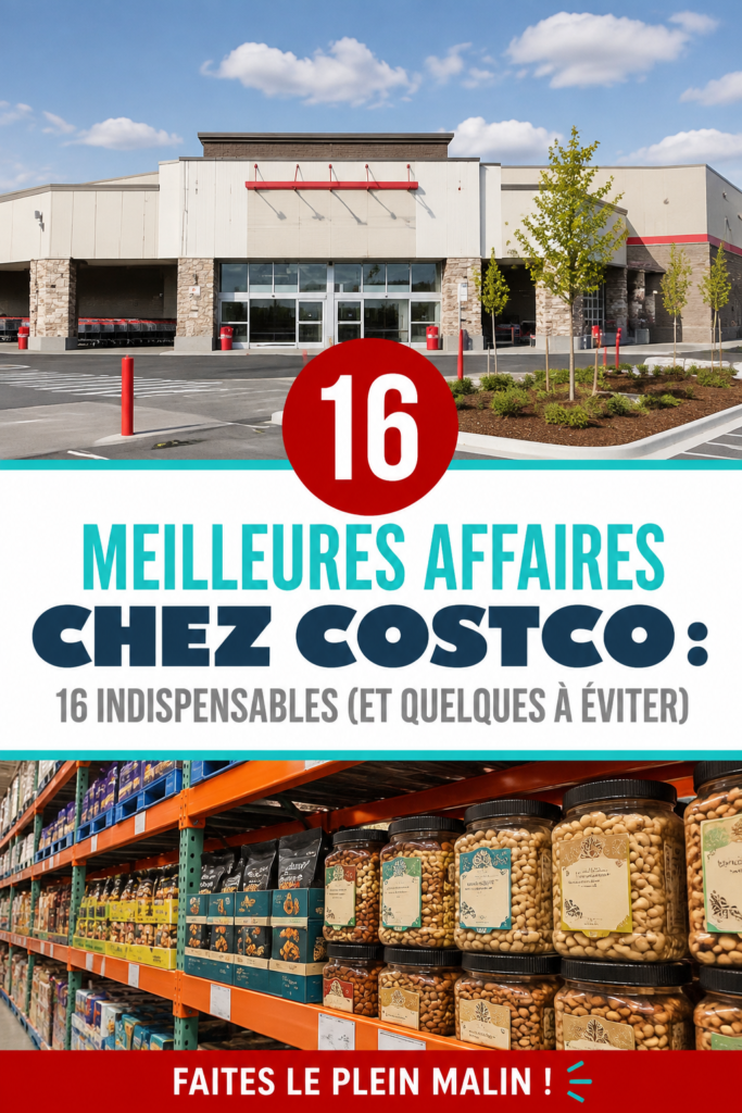 Panier rempli de produits essentiels achetés chez Costco, mettant en avant un style de vie pratique et économique.