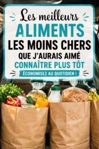 Des aliments économiques disposés sur une table, avec des choix variés et colorés.