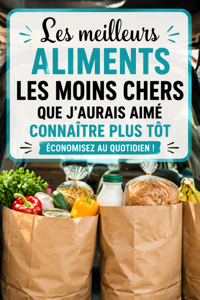 Des aliments économiques disposés sur une table, avec des choix variés et colorés.