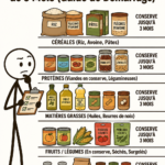 Image d'un stock alimentaire organisé avec des conserves et des produits secs.