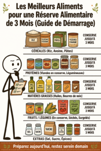 Image d'un stock alimentaire organisé avec des conserves et des produits secs.