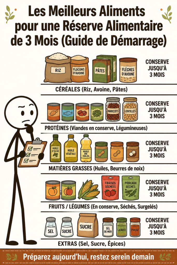 Image d'un stock alimentaire organisé avec des conserves et des produits secs.