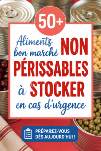Des boîtes de conserves et des aliments non périssables sur une étagère, prêts pour un stockage efficace.