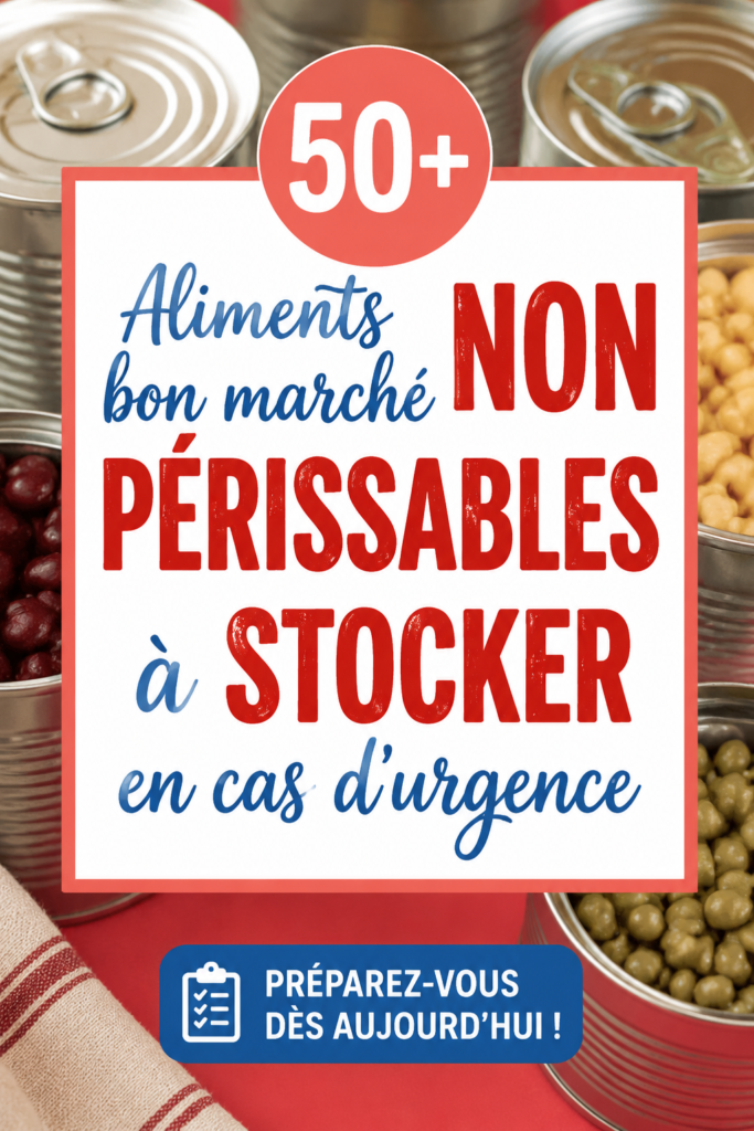 Des boîtes de conserves et des aliments non périssables sur une étagère, prêts pour un stockage efficace.