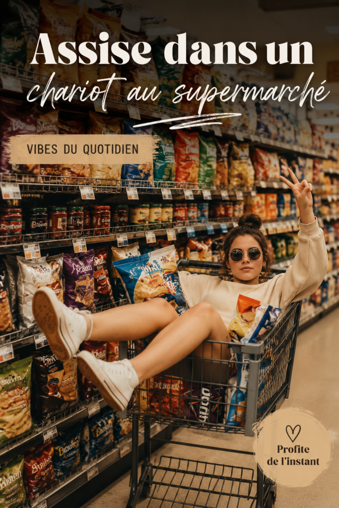 Femme poussant un caddie plein de courses au supermarché, souriante.