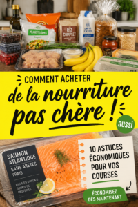 Une femme faisant ses courses avec des produits frais et économes en regardant sa liste de budget.
