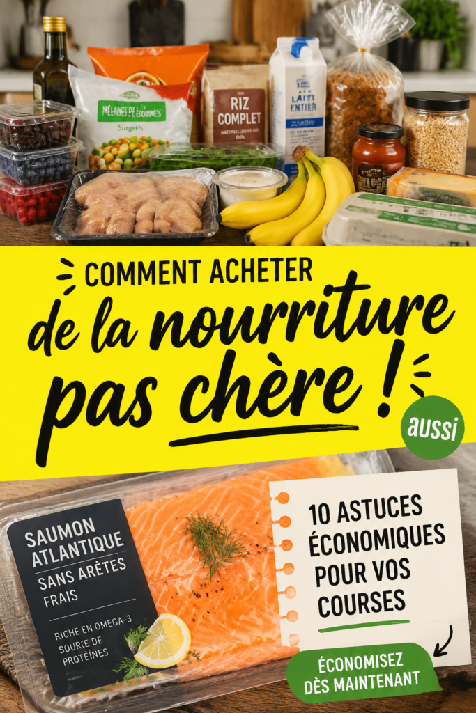 Une femme faisant ses courses avec des produits frais et économes en regardant sa liste de budget.
