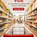 Un caddie de supermarché vide avec une poignée rouge sur fond flou d'un rayon de supermarché.