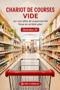 Un caddie de supermarché vide avec une poignée rouge sur fond flou d'un rayon de supermarché.