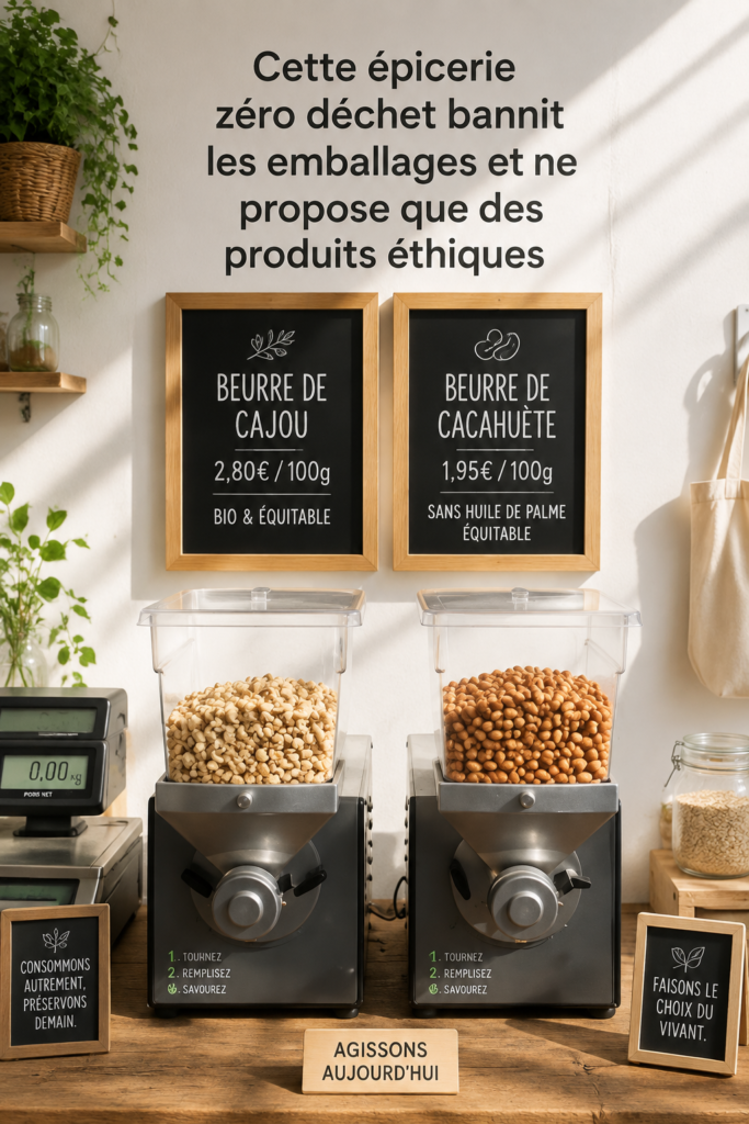 Intérieur d'une boutique zéro déchet avec des produits en vrac et éthiques